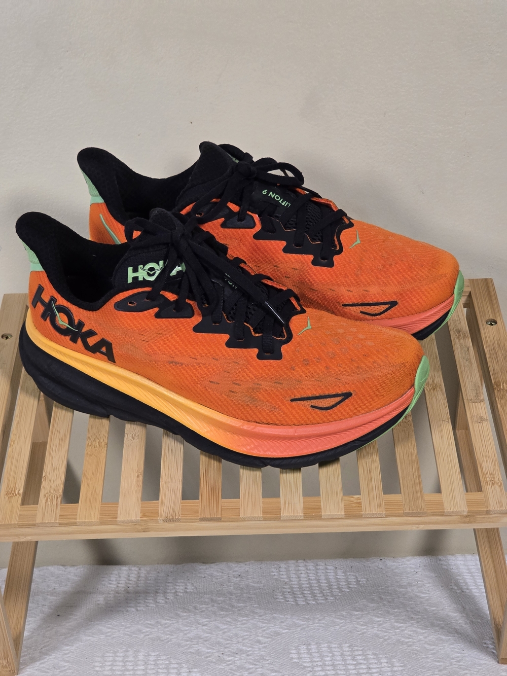 Hoka Men’s Athletic Shoes — Bright Orange with Black & Green Accents